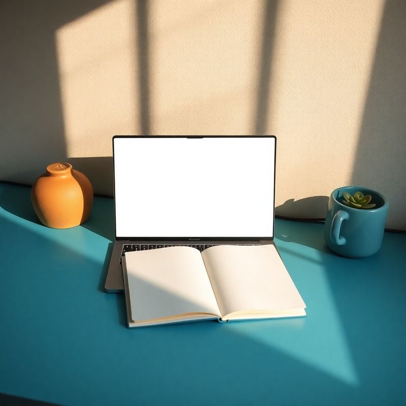 Escritorio limpio con cuaderno blanco y portátil abierto bajo luz mediterránea