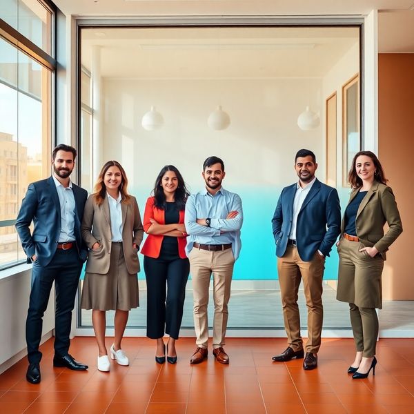 Retrato del equipo de Boutique Flores en una oficina luminosa de Málaga con pared azul
